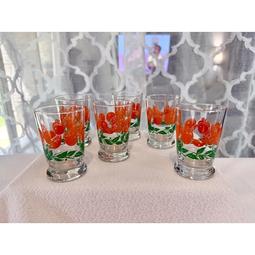 Vintage Orange Citrus Juice Glasses Set of 6 Retro Fruit Pattern Small Tumblers